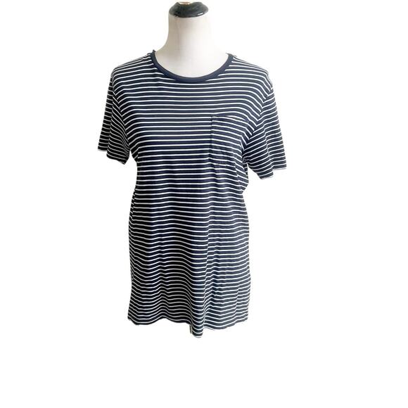 Club Monaco Women’s Striped Tee One Pocket Size Small Navy White Crew Neck - Picture 1 of 11